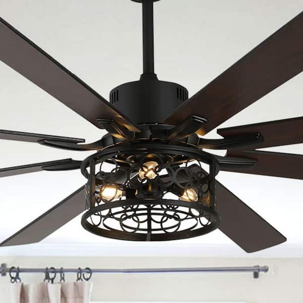 Anmore 72 in. Indoor Farmhouse Industrial Caged Matte Black Ceiling Fan with Lights and Remote, Three Downrods Included