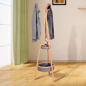 Stylish Simple Design Brown Freestanding Bamboo Coat Rack with Storage Basket, 6 Hooks for Hallway, Bedroom, Living Room