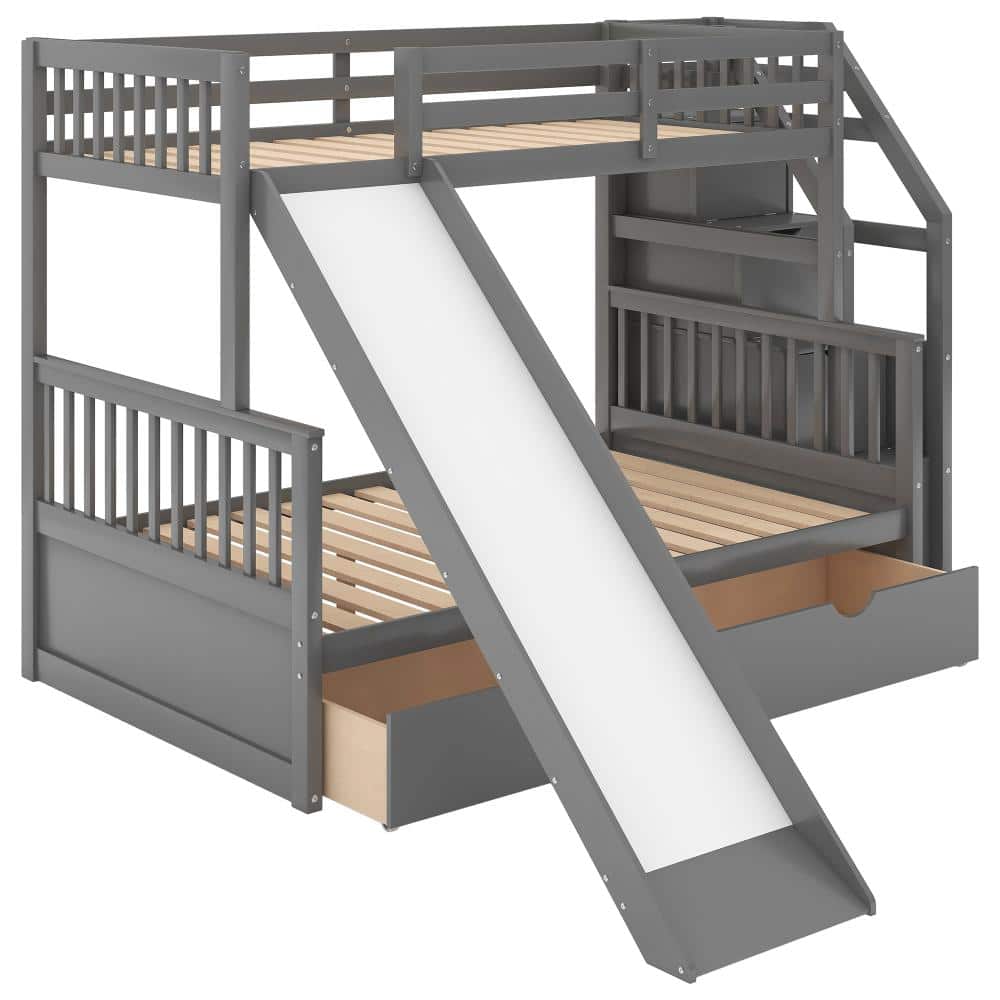 Nestfair Gray Wood Twin over Full Bunk Bed with Drawers,Storage and ...