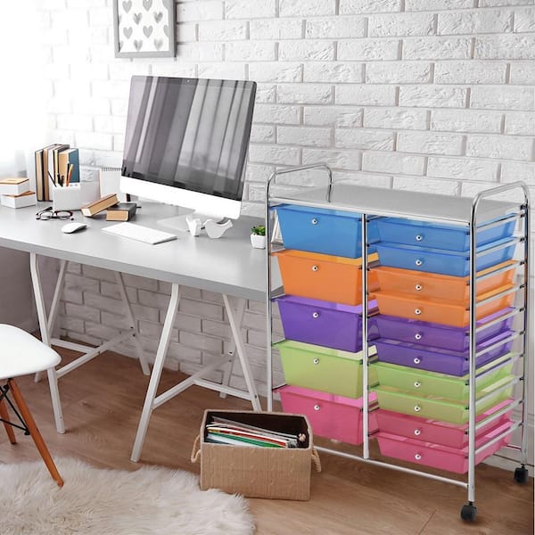 Multi-Colored Steel Frame 15-Drawer Utility Rolling Organizer Cart