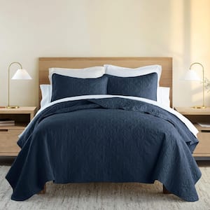 Damask Navy Microfiber Queen Performance Quilted Coverlet Set