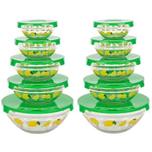 20-Piece Glass Bowls with Lids Set - Lemon Design Mixing Bowls Set with Multiple Sizes for Storage