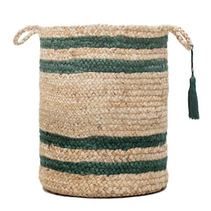 Amara Double Border Striped Natural Jute Tan / Green 19 in. Decorate Storage Basket with Handles