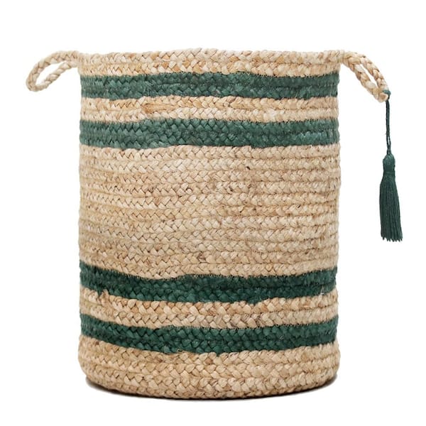 LR Home Amara Double Border Striped Natural Jute Tan / Green 19 in. Decorate Storage Basket with Handles