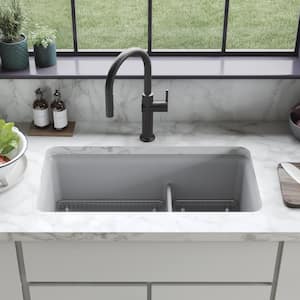 Cairn Matte Grey Solid Surface 33 .5 in. Double Bowl Undermount Kitchen Sink