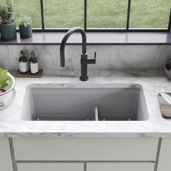 Cairn Matte Grey Granite Composite 33 .5 in. Double Bowl Undermount Kitchen Sink