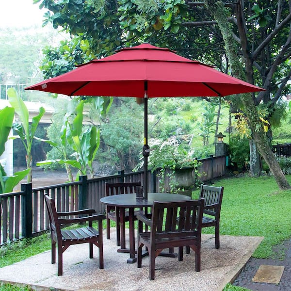 9 patio umbrella wine Sudzendf 9 ft. 3-Tiers Market Patio Umbrella in Wine Red with Crank, Push Button Tilt for Deck, Backyard