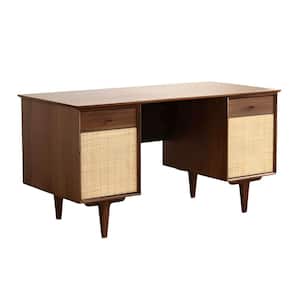 57 in. Rectangular Walnut Wood 2-Drawer Computer Desk with Rattan Net Large Home Office Workstation