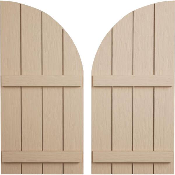 Ekena Millwork 22 in. x 36 in. Polyurethane Rough Sawn Four Board Join.ed Board-n-Batten Quarter Arch Top Shutters Primed Tan
