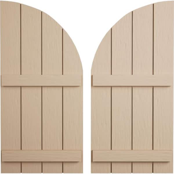 Ekena Millwork 22 in. x 78 in. Polyurethane Rough Sawn Four Board joined Board-n-Batten Quarter Arch Top Shutters Primed Tan