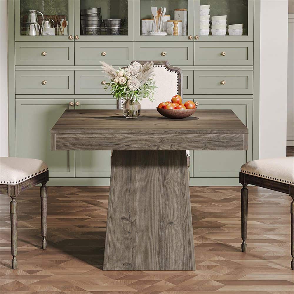 31.5 in. Light Gray Wood Pedestal Dining Table Seats 4, Square Dinner Table Small Kitchen Table for Dining Room