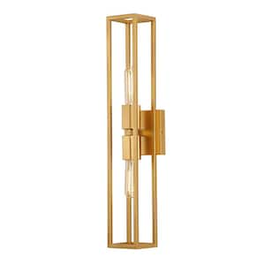 Kaiton 4.7 in. 2-Light Gold Modern Industrial Wall Sconce with Rectangle Frame Shade