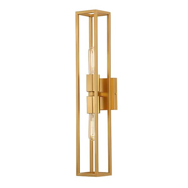 Decomust Kaiton 4.7 in. 2-Light Gold Modern Industrial Wall Sconce with Rectangle Frame Shade
