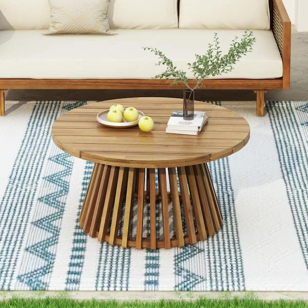 Harper & Bright Designs Light Teak Round Acacia Wood Patio Outdoor Coffee Table