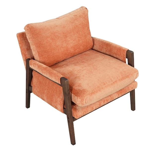 Polibi Mid-Century Modern Orange Velvet Accent Chair with Solid Wood and Thick Seat Cushion