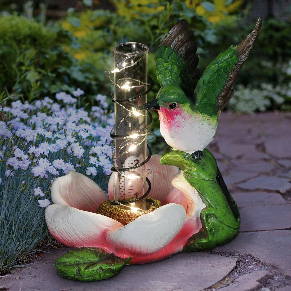Solar Pink Flower and Hummingbird Garden Rain Gauge with LED Lights