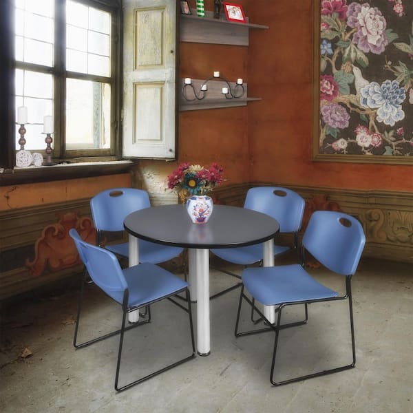 Kee 36 in. Grey Top Round Breakroom Table Desk, Chrome Legs, 4 Zeng Stack Chairs-Blue