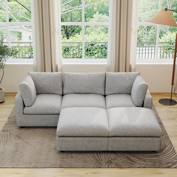 100 in. Square Arm 5-Piece Chenille U-Shaped Modualr Sectional Sofa with Washable Cover, Ottoman in. Gray for Apartment