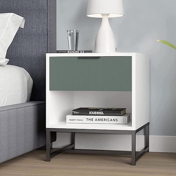 Tidoin 1 Drawer White and Green Nightstand 18.9 X 15.7 X 15.7 with 1 Shelf