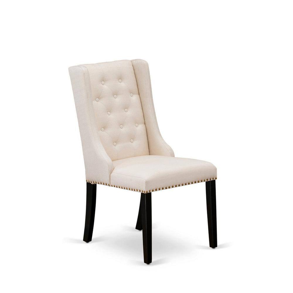 Cream Linen Upholstered Parsons Side Chairs with Black Wood Legs, Set of 2
