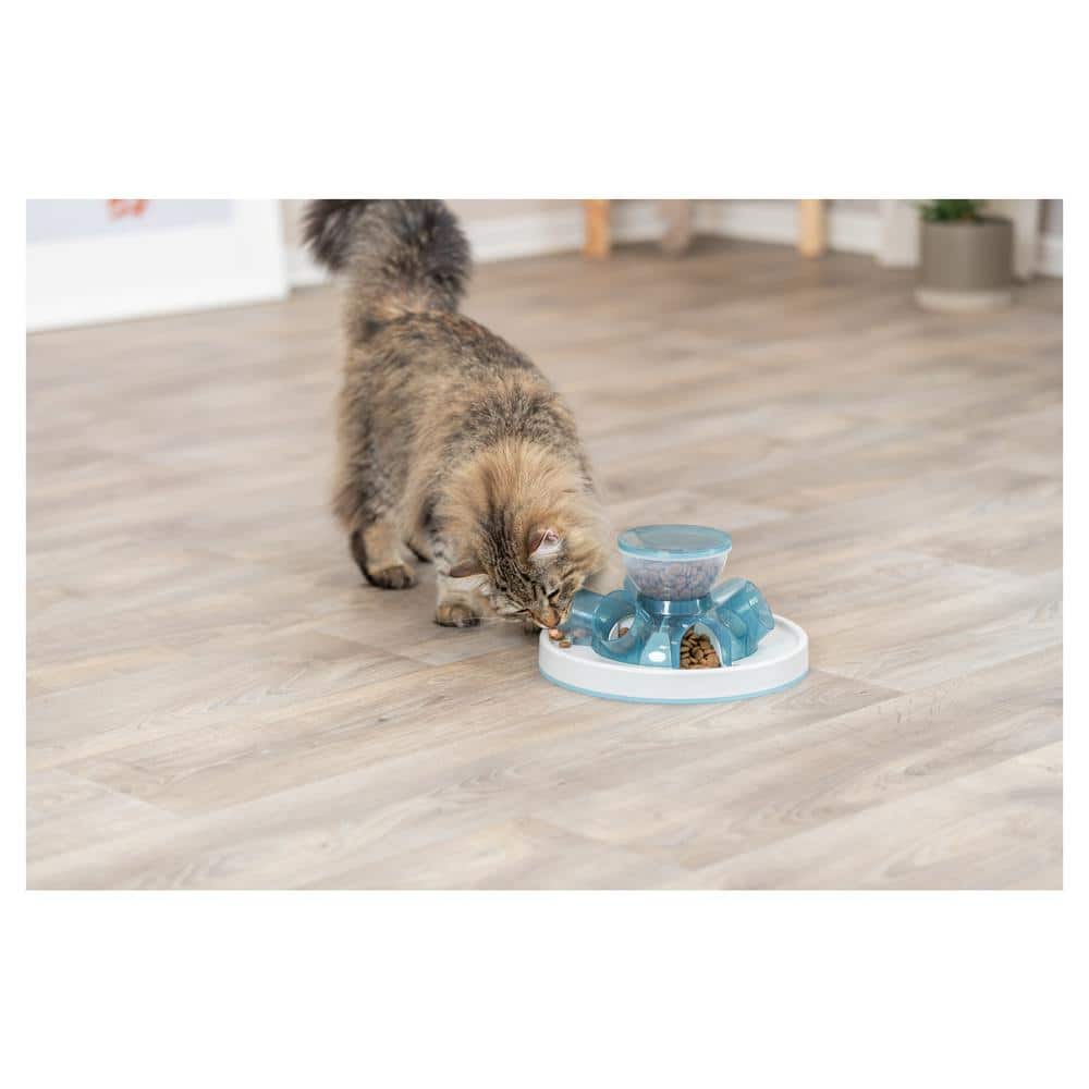 Interactive Blue and White Plastic Tunnel Feeder for Cats