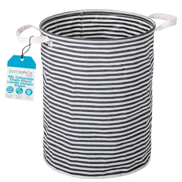 Gray and White Stripes Fabric Single Laundry Hamper Basket, Collapsible Round Laundry Bin with Handle