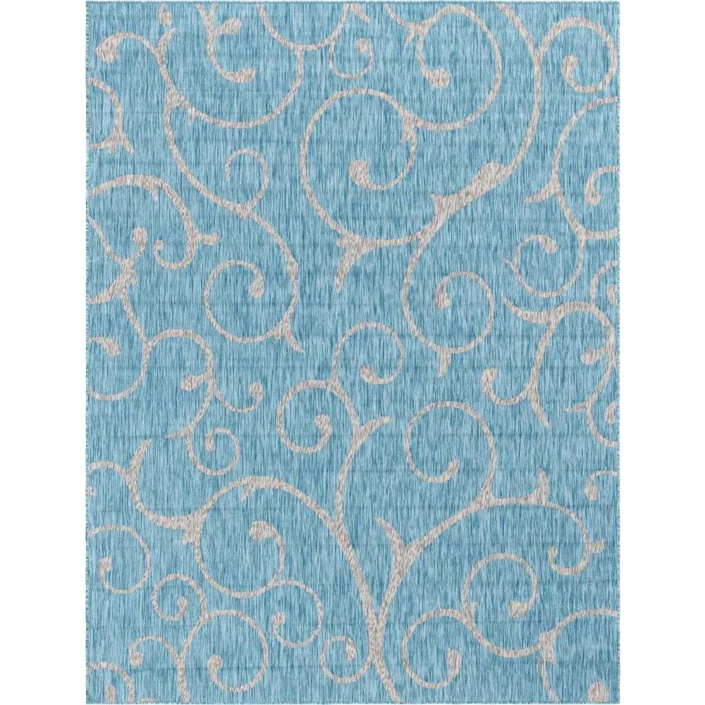 Aqua Blue 9' x 12' Abstract Synthetic Outdoor Rug