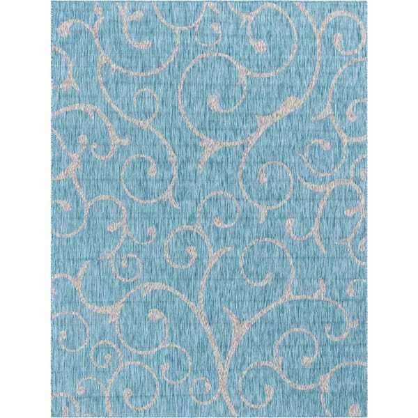 Unique Loom Outdoor Curl Aqua Blue 9 ft. x 12 ft. Area Rug