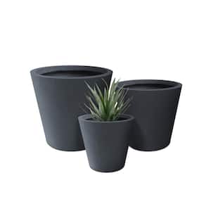 Large, Medium, Small Round Charcoal Lightweight Concrete and Weather Resistant Fiberglass Planters (Set of 3)