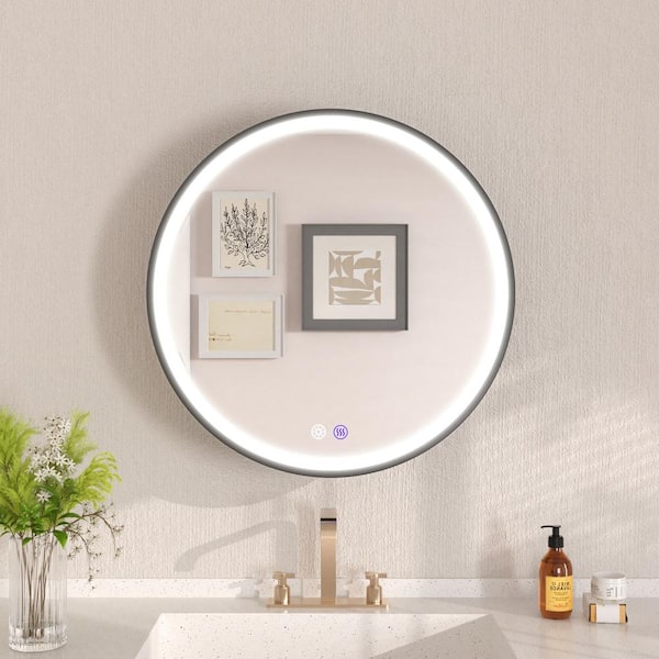 24 in. W x 24 in. H Round Iron Surface Mount Framed LED Light Medicine Cabinet with Mirror in Black, Anti-Fog, Left Door