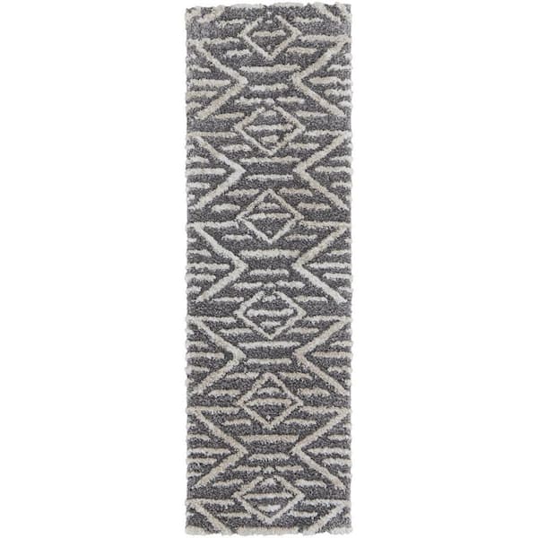 HomeRoots Gray, Ivory 2 ft. x 8 ft. Geometric Runner Rug