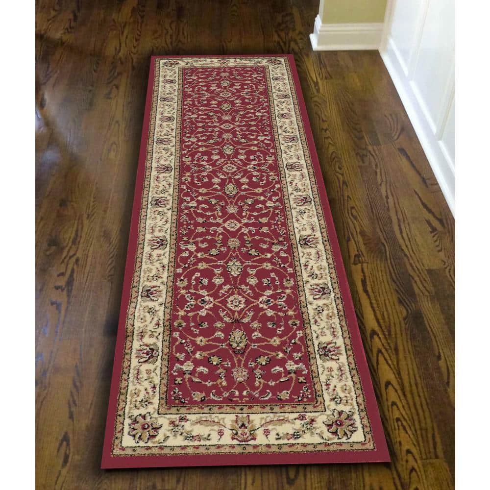 Red and Beige Synthetic 8' Runner with Floral Border