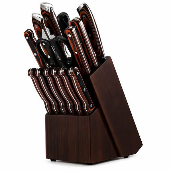 15-Piece Stainless Steel Kitchen Knife Set with Wooden Block and Self Sharpening