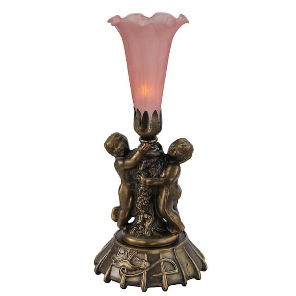 MEYDA Pond Lily 12 in. Mahogany Bronze Novelty Victorian Twin Cherub Table Lamp with Pink Glass Shade