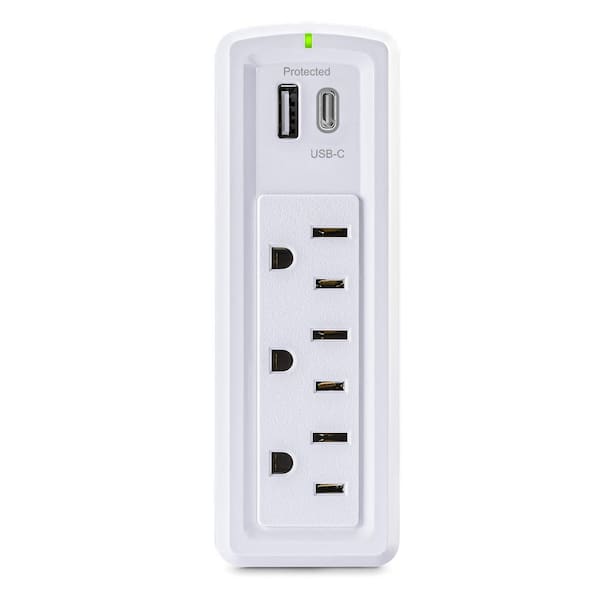 3-Outlet Wall Mounted Surge Protector with 1 USB-A and 1 USB-C, White
