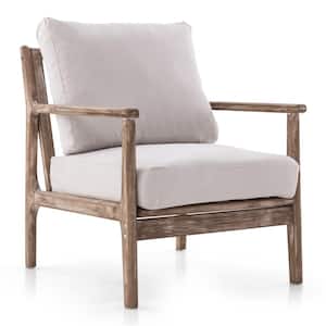 Beige Cotton Linen Armchair with Solid Rubber Wood Armrests Fabric Covers