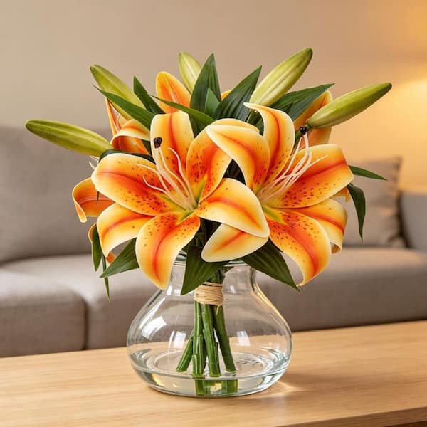 13 in. Orange Indoor Artificial Tiger Lily in Glass Vase with Faux