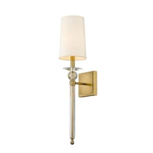 1-Light Rubbed Brass Wall Sconce with Beige Parchment Paper Shade