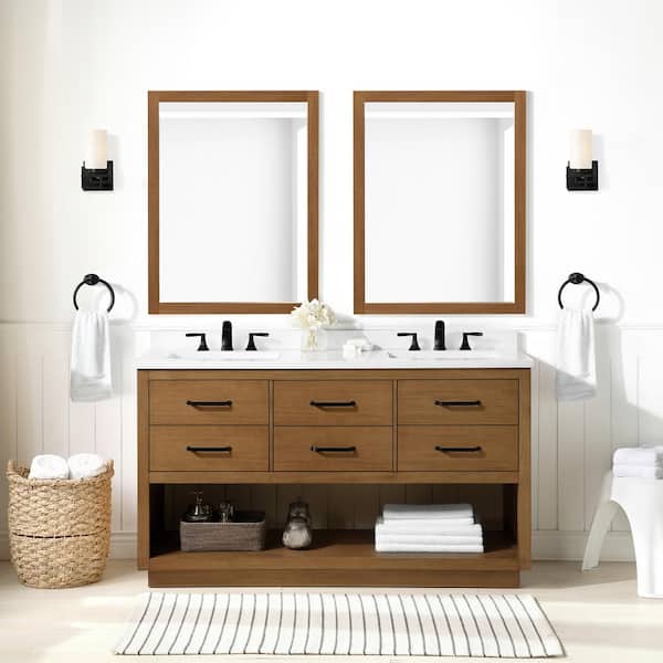 OVE Decors Carran 60 in. W x 22 in. D x 34 in. H Double Sink Bath Vanity in Wax Pine with White Engineered Stone Top