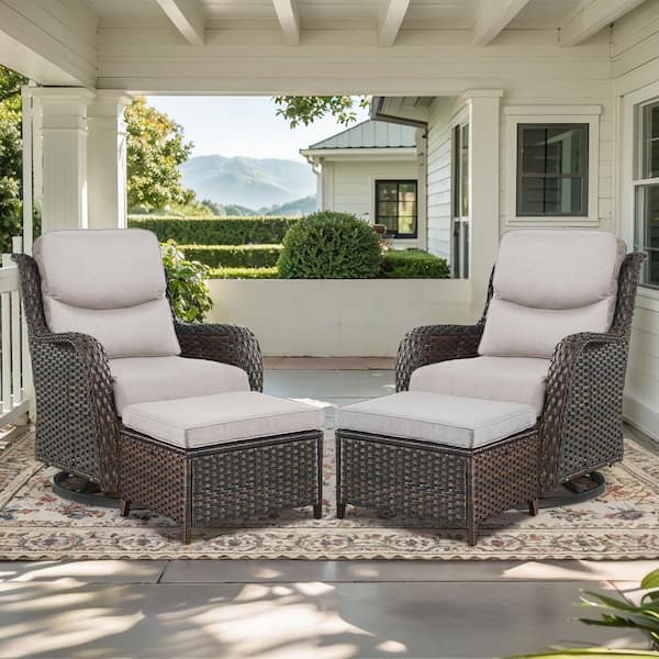 Crescent Brown Wicker Outdoor Rocking Chair Set with 5 in. Thick Beige Cushions, Swivel Rockers and Ottomans (4-Pack)