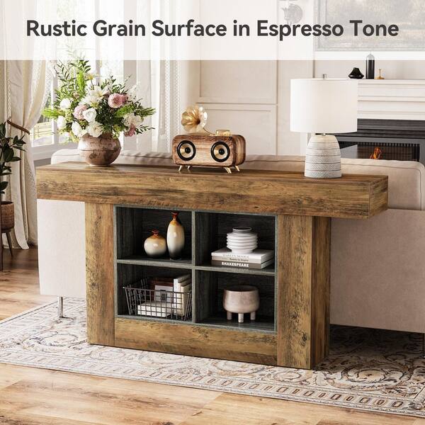 BYBLIGHT Turrella 63 in. Rectangle Brown Wood Farmhouse Behind Sofa ...