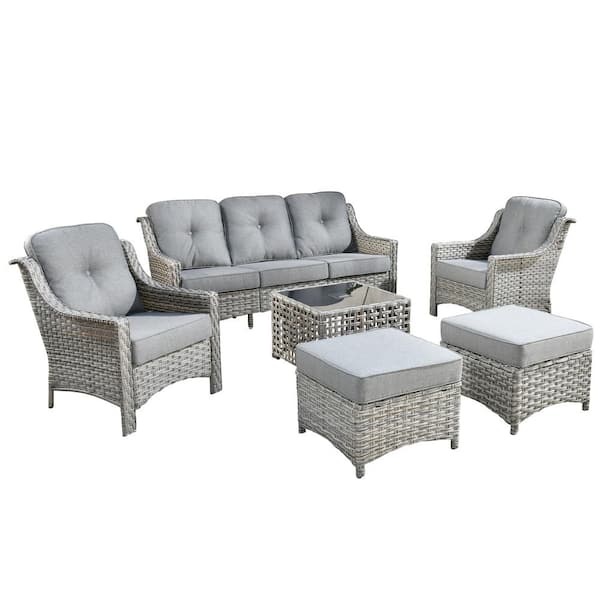 Verona Grey 6-Piece Wicker Modern Outdoor Patio Conversation Sofa Seating Set with Dark Grey Cushions