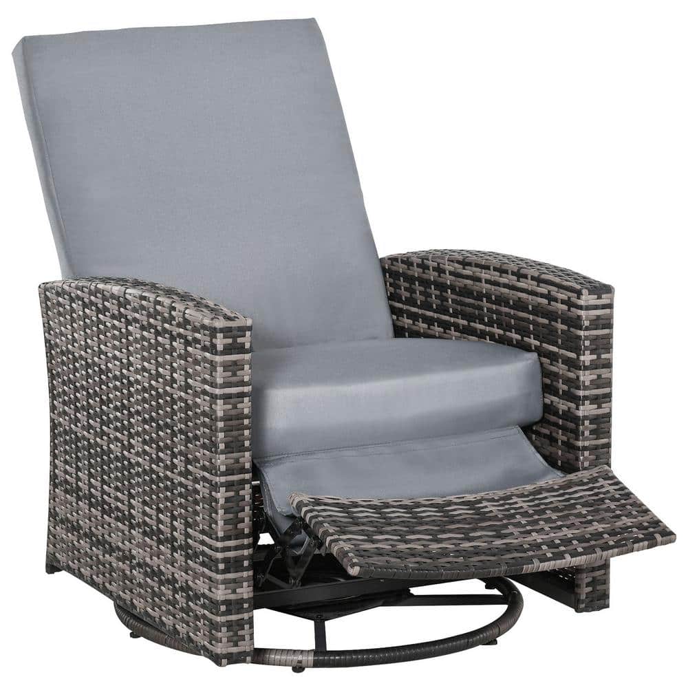Gray 1-Piece Wicker Outdoor Recliner with Reclining Backrest, Lifting Footr