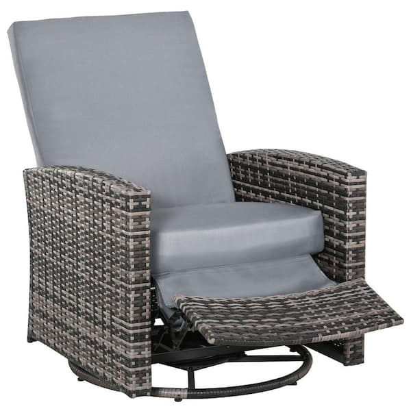 Outsunny Gray 1-Piece Wicker Outdoor Recliner with Reclining Backrest, Lifting Footrest Water Resistant Cushions for Patio
