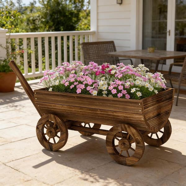 45.3 in. Brown Wood Wagon Outdoor Flower Planter Pot Small