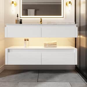 MarbleLux 48 in. W x 20.8 in. D x 21.2 in. H Wall Mounted 2-Set Bath Vanity with 1-Sink in White with White Marble Top