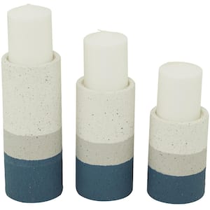 Blue Metal Striped Pillar Candle Holder (Set of 3)