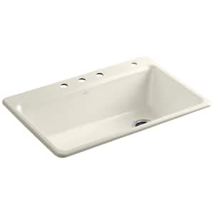 Riverby Drop-In Cast Iron 33 in. 4-Hole Single Bowl Kitchen Sink Kit with Accessories in Biscuit