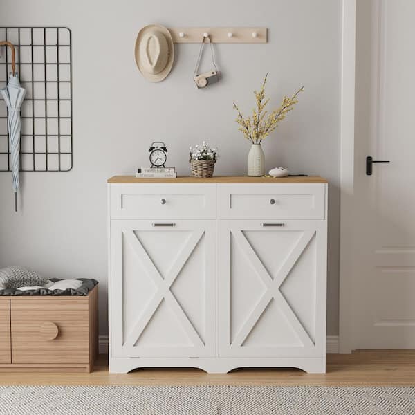 Puluomis 39 in. W x 13.8 in. D x 35.4 in. H in White MDF Assemble Kitchen Cabinet with Recycling Trash Cabinet and Spice Rack