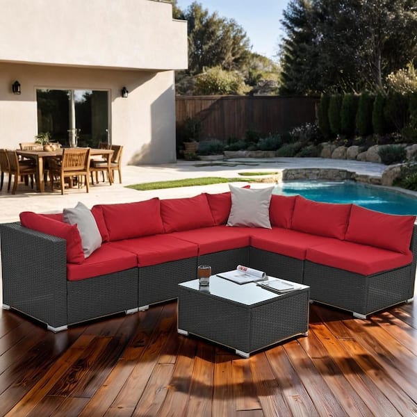 Unbranded 7-Piece Wicker Outdoor Conversation Set with Red Cushion and Coffee Table